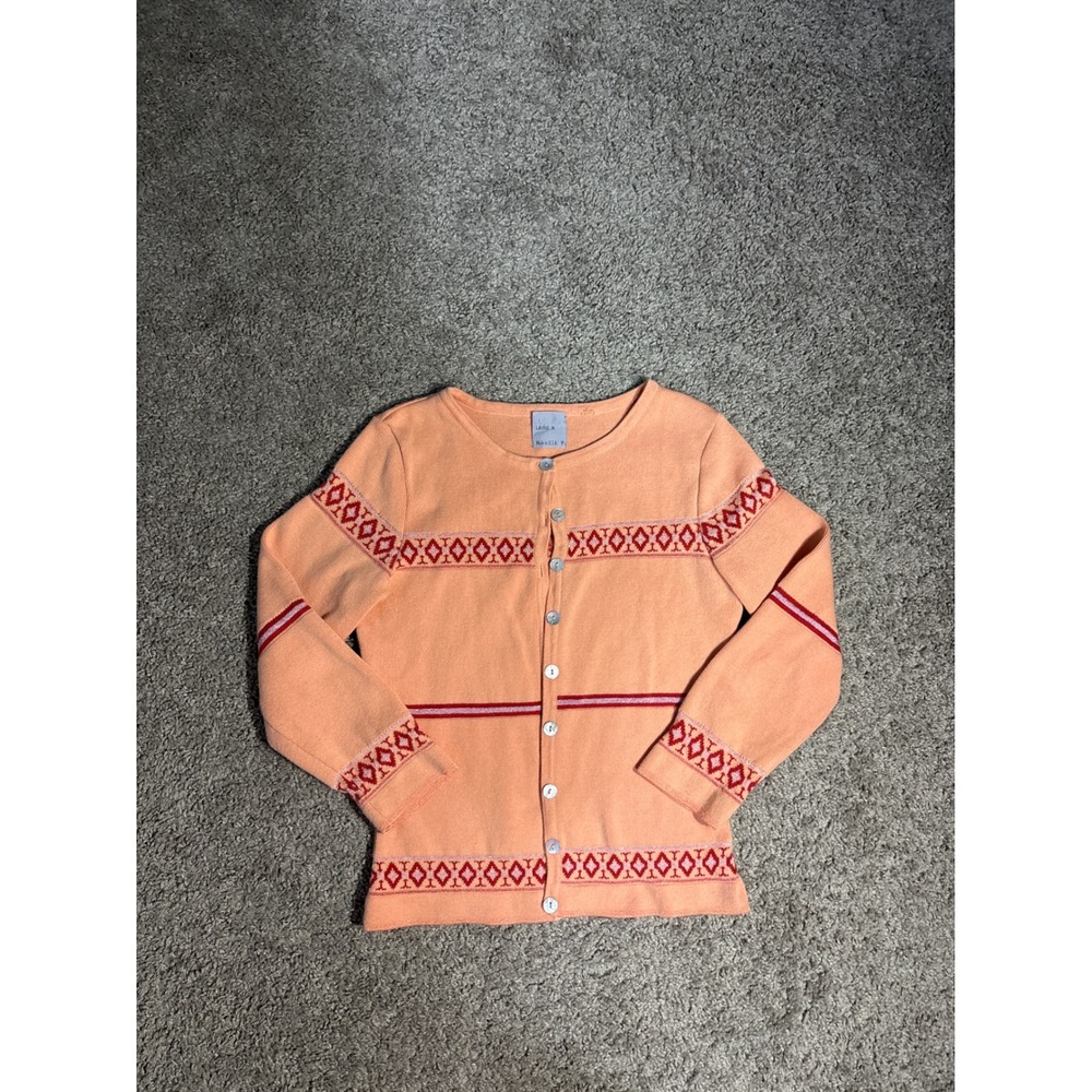 Y2K Laurie B. Peach Fair Knit Cardigan Sweater Metallic Stripe Made in USA S